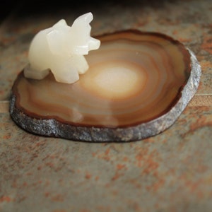 May include: A white carved elephant figurine sits on a brown agate slice with concentric rings.
