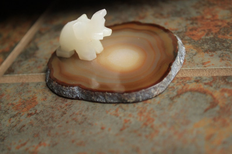 May include: A white carved elephant figurine sits on a brown agate slice with concentric rings.