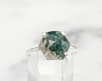 Anillo hexagonal de ágata musgosa: piedra preciosa de talla rosa, plata de ley