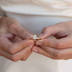 Pear Rainbow Moonstone Engagement Ring: Rose Gold Bridal Set