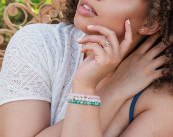 Pulseras elásticas de piedras preciosas: piedra lunar arcoíris, amazonita y cuarzo rosa