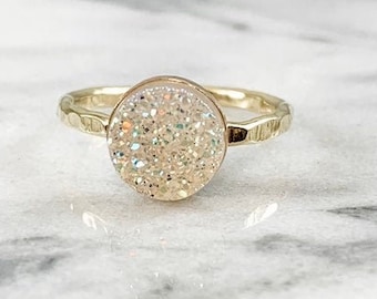 white druzy ring, round druzy jewelry, hammered ring, stacking ring, gifts for her, druzy ring rose gold, druzy ring silver, drusy ring