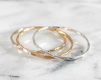 Hammered Thick or Thin Stacking Ring Set Trio (Gold Sterling Silver Rose Gold Ring Minimalist Dainty Wedding Bands Gifts for her under 50)