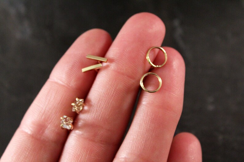 Stud Earring Trio Set Herkimer Bar Circle gold Sterling Etsy