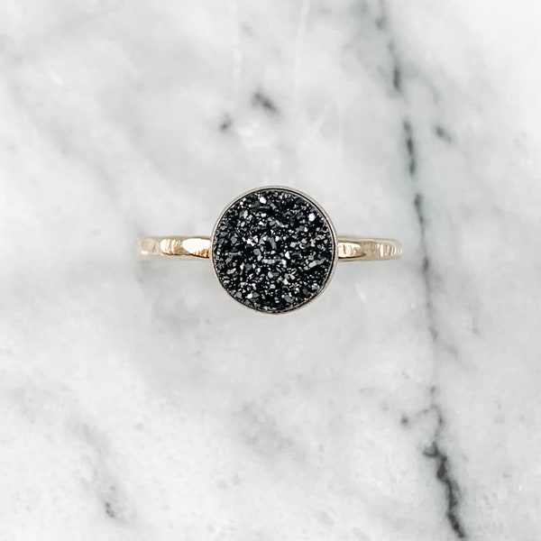 black druzy ring, round druzy jewelry, hammered ring, stacking ring, gifts for her, druzy ring rose gold, druzy ring silver, drusy ring