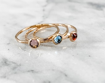 SET 2 + Birthstone Jewelry Rose Gold Filled Crystal Ring  (Simple Personalized Hammered Swarovski Minimalist Gifts for Her Under 50 30)