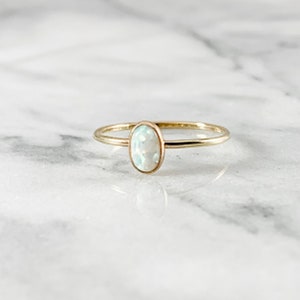 Gold Filled Opal Gemstone Oval Ring October Birthstone Teal White Pink Purple Blue Hammered Smooth Minimalist Gifts for Her Under 50 image 1