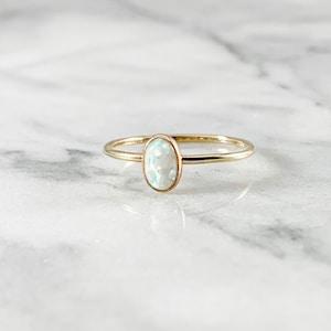 Gold Filled Opal Gemstone Oval Ring October Birthstone Teal White Pink Purple Blue Hammered Smooth Minimalist Gifts for Her Under 50 image 1