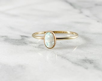 Gold Filled Opal Gemstone Oval Ring  (October Birthstone Teal White Pink Purple Blue Hammered Smooth Minimalist Gifts for Her Under 50)