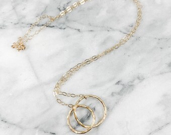 Thick Hammered Double Circle Link Necklace (Gold Sterling Silver Rose Gold Eternity Infinity Necklace Gifts Under 50)