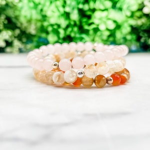 beaded gemstone bracelet stack, stretch bracelets, crystals for self love, rose quartz, citrine, carnelian gemstone jewelry