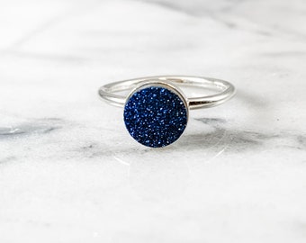 cobalt blue druzy ring, round druzy jewelry, hammered ring, stacking ring, gifts for her, druzy ring gold, druzy ring silver, drusy ring