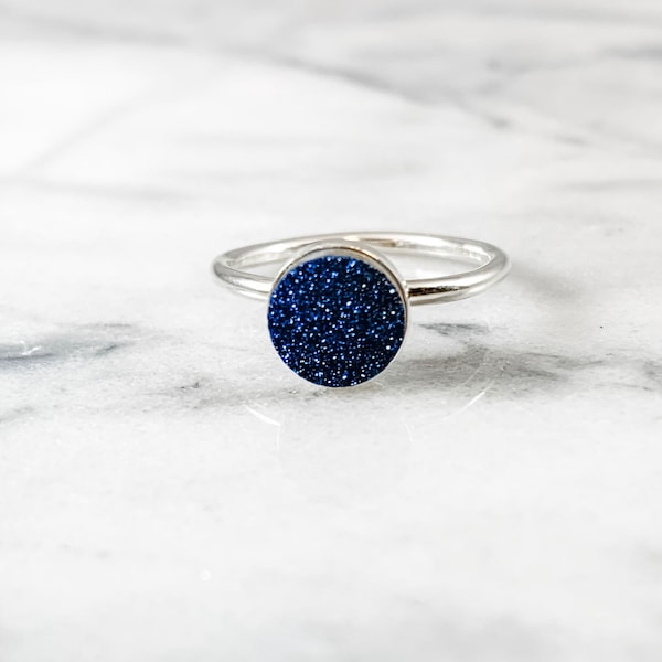 cobalt blue druzy ring, round druzy jewelry, hammered ring, stacking ring, gifts for her, druzy ring gold, druzy ring silver, drusy ring