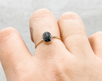 spinel gemstone ring, black gemstone ring, rose cut gem ring, right hand ring, oval spinel ring, gold jewelry, grounding crystal