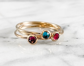 SET 2 + Birthstone Jewelry Gold Filled Crystal Rings   (Simple Personalized Hammered Smooth Swarovski Minimalist Gifts for Her Under 50 30)
