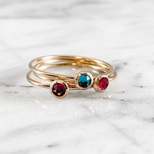 SET 2 + Birthstone Jewelry Gold Filled Crystal Rings   (Simple Personalized Hammered Smooth Swarovski Minimalist Gifts for Her Under 50 30)