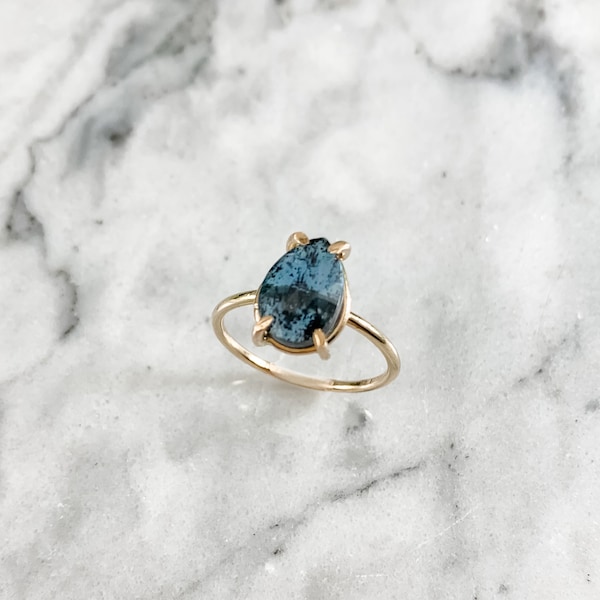 teal kyanite ring, teardrop gemstone ring, pear shaped ring, right hand ring, gold jewelry,