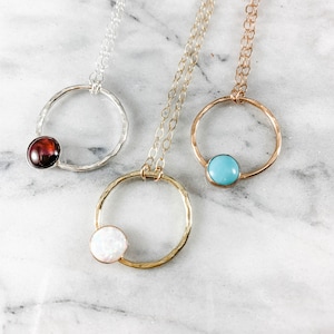 gemstone necklace, circle necklace, layering jewelry, silver necklace, rose gold necklace, gifts for her under 50, moonstone necklace,