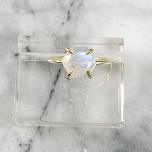 rainbow moonstone hexagon engagement ring, rose gold moonstone, smooth geometric hexagon, birthstone for june, gift for her