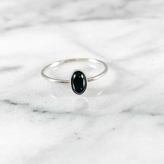 Sterling Silver Onyx Oval Stacking Ring: Thin Minimalist Band