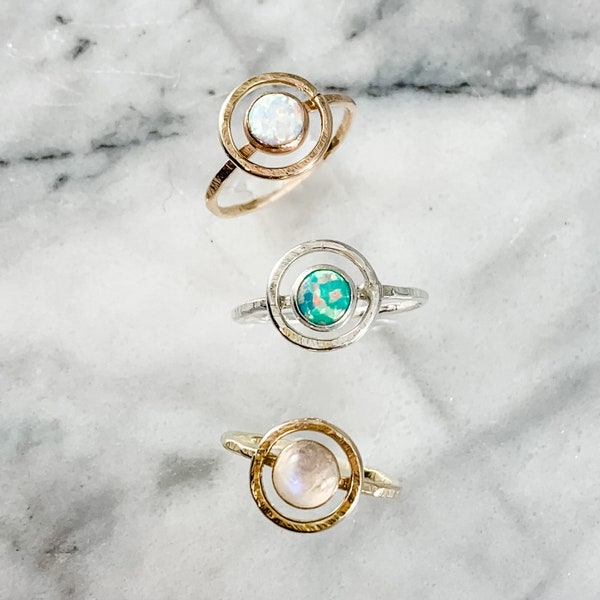 orbit gemstone ring, saturn style ring, opal jewelry, moonstone jewelry, space jewelry, halo ring, gifts under 50, celestial jewelry