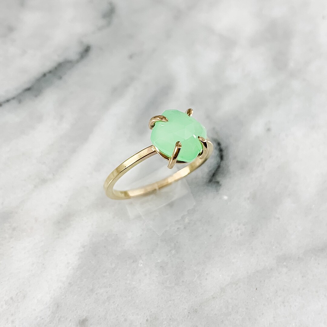 クリソプレーズ宝石リング：クッションカット、ローズゴールドフィルド