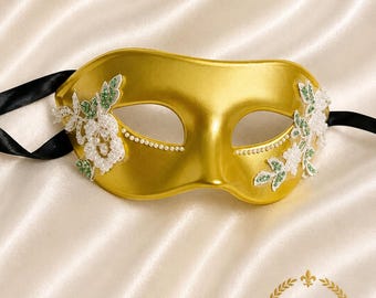 Gold Masquerade Mask with White Lace: Venetian Style Ball Mask