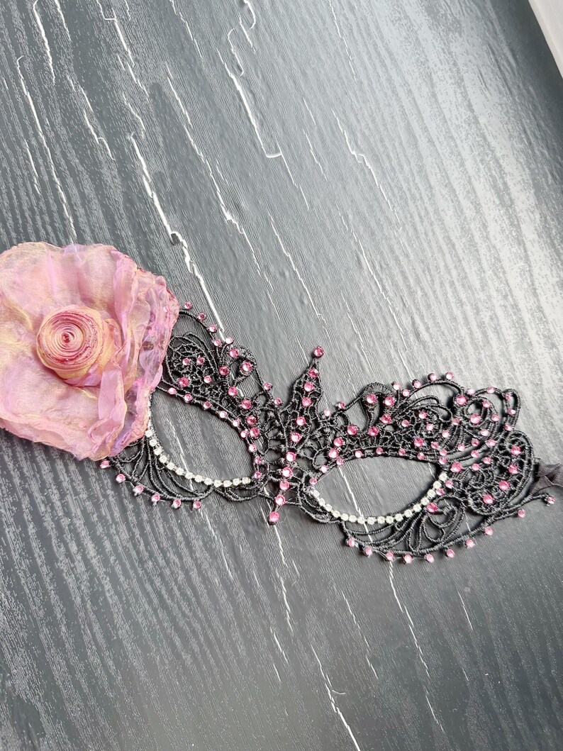 Black Color Masquerade Mask With Silk Flower and Rhinestones, Women's ...
