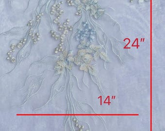 One Piece Light Blue  Color  Lace Neckline Trim applique,Wedding Dress applique, Lace Neckline Trim  Embroidery Patch 3 different sizes