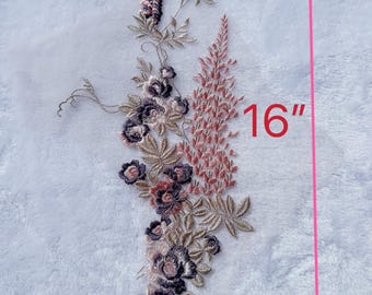 E5 One Piece Purple and pink Color  Lace Neckline Trim applique,Wedding Dress applique, Lace Neckline Trim  Embroidery Patch size: 16”x 7”