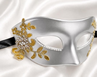 Gray Venetian Masquerade Mask: Gold Lace Mardi Gras Ball Mask