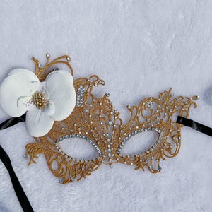Masquerade Ball mask, Wedding Mask, Halloween Mask, size:9”x 6” gold color and gray color with 150 pcs clear rhinestone, white orchid