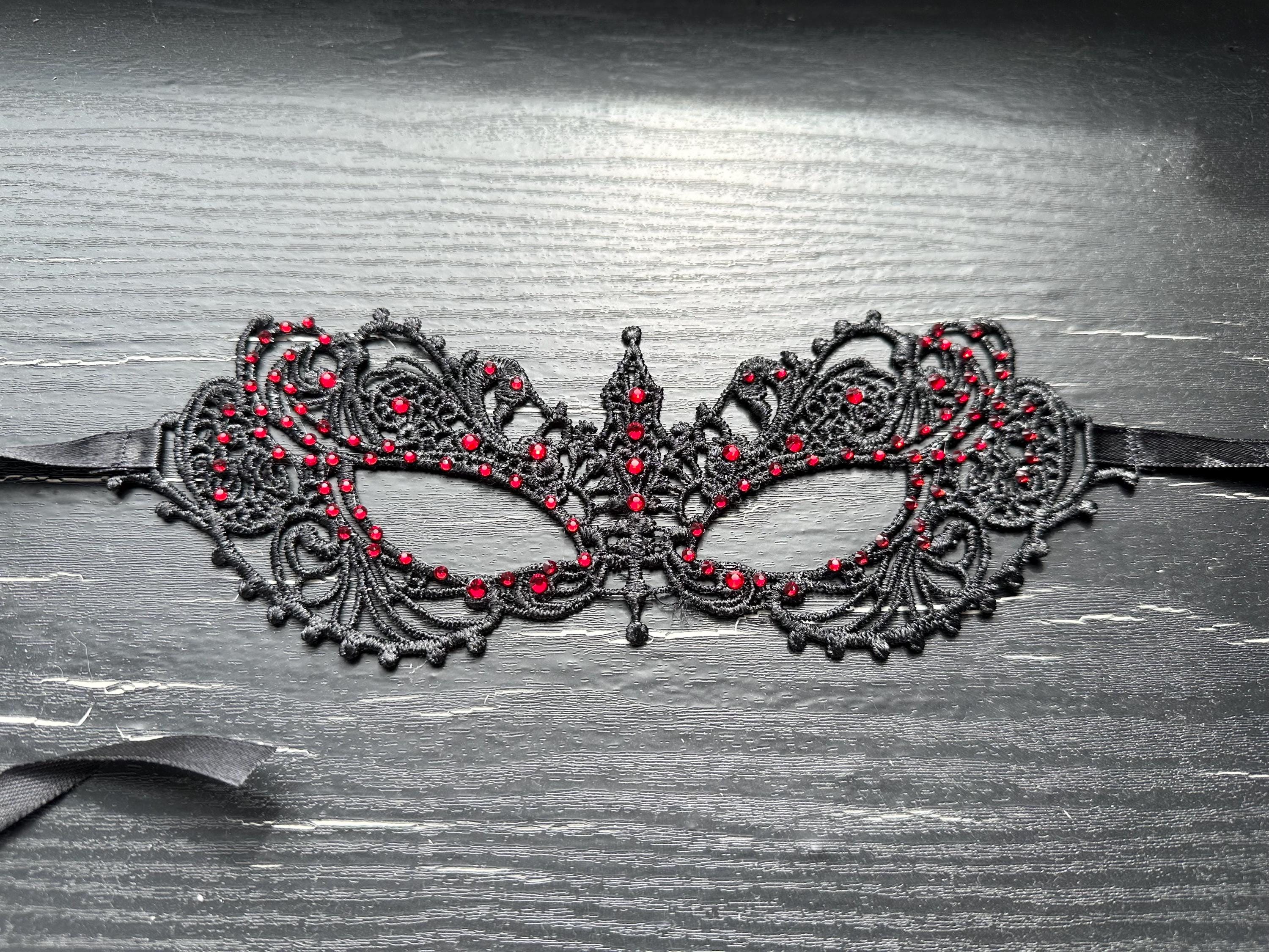 Black soft  Lace Mask with Red color Crystals Glass Rhinestone , Embroidery Mask, Black Mask, Party Mask, Wedding Mask, Halloween Mask