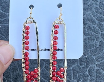 Handmade Earrings with 3mm Red Coral  with gold plated 2.38inches length