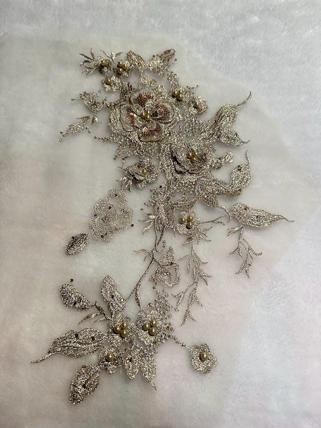 E17 One Piece gold Color  Lace Neckline Trim applique,Wedding Dress applique, Lace Neckline Trim  Embroidery Patch size: 13” x 9”