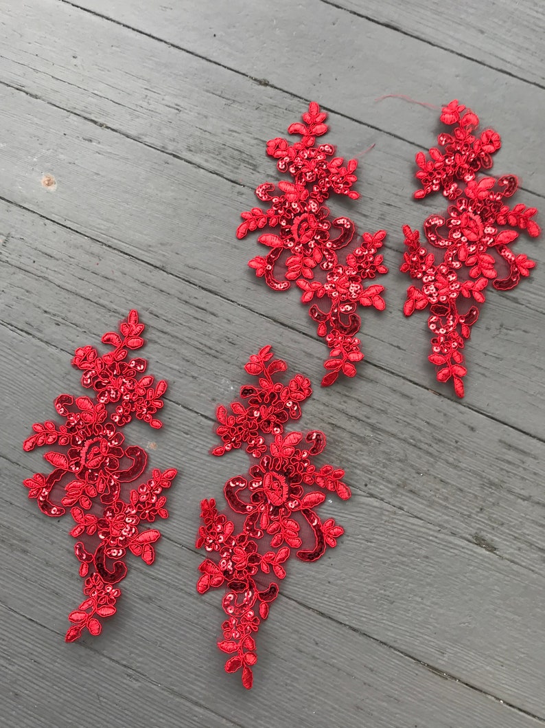 115 Red Sequin Lace Applique Pair Mirror Lace Trim , Sewing Patch for ...