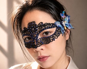 Navy Blue Butterfly Lace Masquerade Mask, Handmade Venetian Eye Mask with Rhinestones, Fairy Costume Mask for Halloween, Prom & Ball