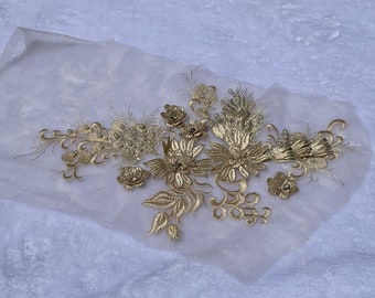 E1 One Piece gold Color  Lace Neckline Trim applique,Wedding Dress applique, Lace Neckline Trim  Embroidery Patch size: 14” x 8”