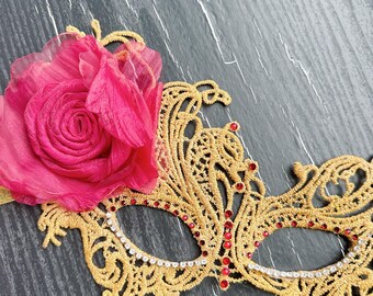 Lace Masquerade Mask with rhinestone and fabric flower,Masquerade Mask, Venetian Lace Eye Mask For Party Prom Ball Costume Mardi Gras