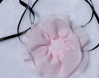Handmade Peach Flower Choker: Freshwater Pearl Ribbon Necklace