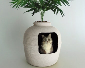 Artistic Hand-Textured Tuscany Hidden Litter Box - Linen White Terracotta Finish: Conceal Your Cat's Essentials with Style!