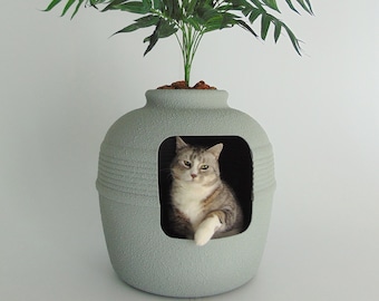 Elegant Hand-Textured Tuscany Hidden Litter Box - Misty Gray Terracotta Finish: Perfect for Stylish Pet Owners!