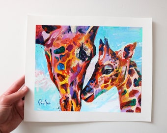 Colorful Giraffe Art Print from my Original Acrylic Painting, Safari Animal Painting, Mother and Child Giraffes
