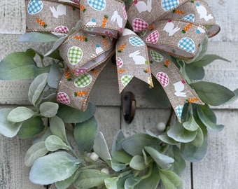 Lambs Ear Mini Wreath, Small Farmhouse Lambs Ear Wreath with Easter Bow, Easter Small Cabinet Wreath