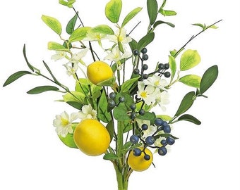 Lemon, Blossom & Blueberry Spray, 21". Yellow/Cream/Blue