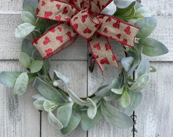 Lambs Ear Mini Wreath, Small Farmhouse Lambs Ear Wreath with Valentines Bow, Valentines Small Cabinet Wreath