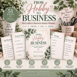 May include: A digital download planner titled From Hobby to Business, The Crafter's Business Starter Planner. It includes 51 pages with sections for product ideas, pricing, and business planning, featuring botanical leaf illustrations and pink text.