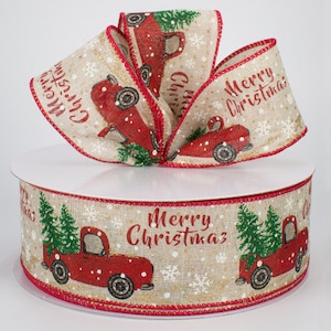 Wired Ribbon - Red Truck Ribbon- Farmhouse Ribbon - Christmas Ribbon - Burlap Ribbon- Floral Ribbon