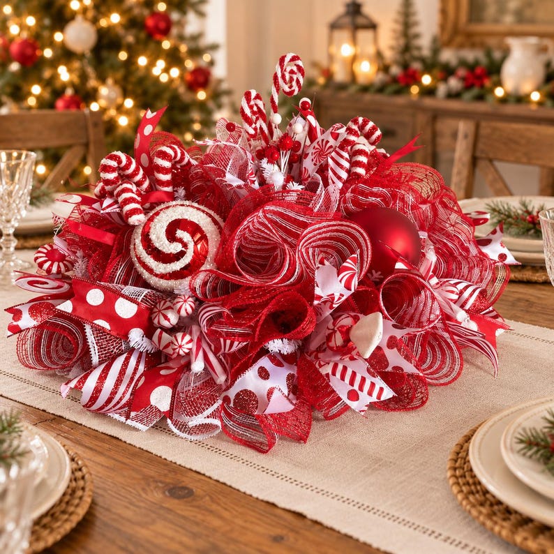 May include: A festive holiday centerpiece featuring red and white mesh ribbon, candy cane ornaments, peppermint swirl decorations, and a large red bauble. The arrangement is composed of layered fabric loops and glittery accents in a circular shape.