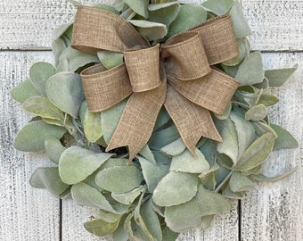Lambs Ear Mini Wreath, Small Farmhouse Lambs Ear Wreath with Bow, Everyday Small Cabinet Wreath